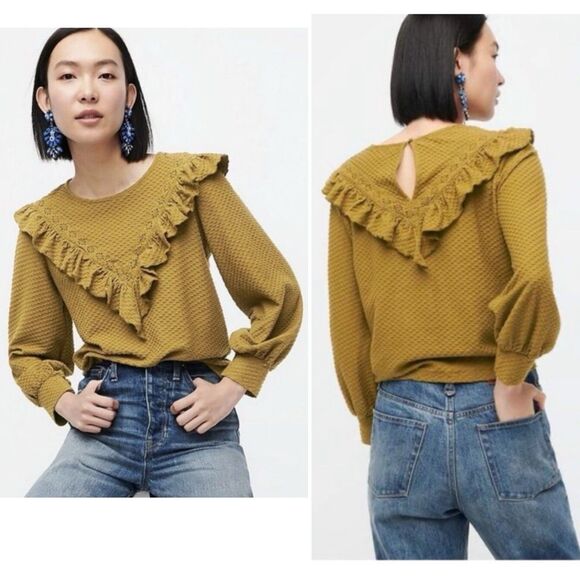 J.CREW Burgundy Ruffle Trim Honeycomb Knit Blouse Top Shirt Small - Picture 9 of 16